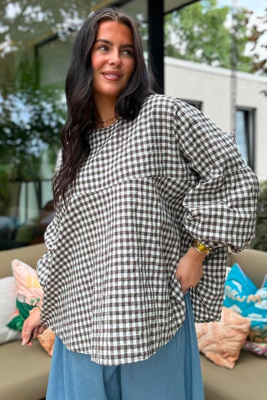 Nonni Gingham Bell Sleeve Peasant Blouse Chocolate